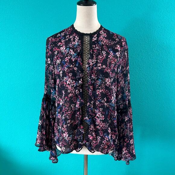 Misa Los Angeles Divya Top Purple Floral Blouse Long Bell Sleeve Chiffon Size S - Picture 3 of 8
